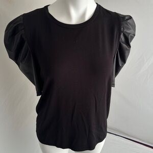 Ariella black top with gathered vegan leather sleeves